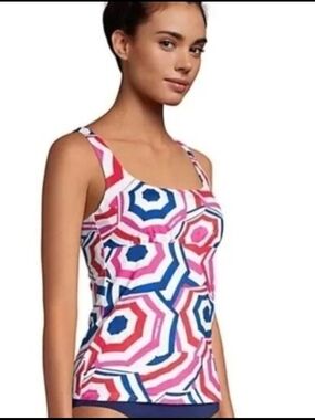 Lands' End Pink Blue Red Beach Umbrella Print Underwire Tankini Top NWOT Sz 12